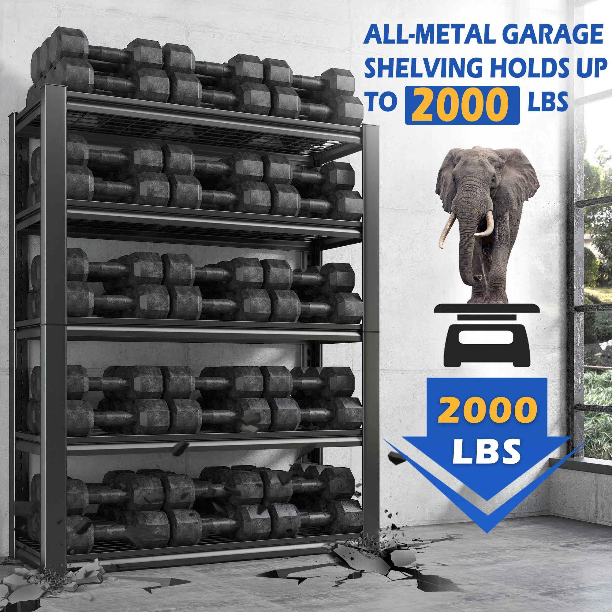 REIBII Garage Shelving, 72" Garage Storage Shelves Heavy Duty Shelving Units and Storage Loads 2000LBS, Adjustable 5 Tier Metal Shelving for Garage