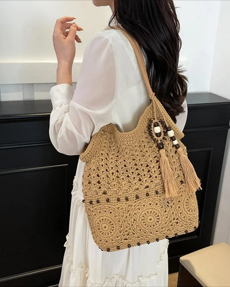 Rejolly Crochet Hobo Bag for Women Boho Woven Tote Bag Summer Vacation Beach Handbags Bohemian Shoulder Purse with Tassels