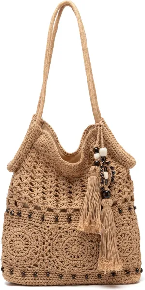 Rejolly Crochet Hobo Bag for Women Boho Woven Tote Bag Summer Vacation Beach Handbags Bohemian Shoulder Purse with Tassels