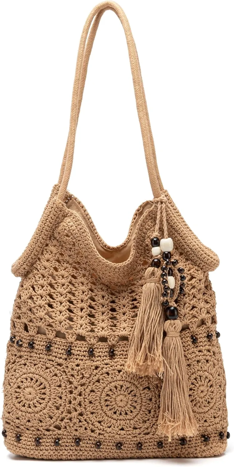 Rejolly Crochet Hobo Bag for Women Boho Woven Tote Bag Summer Vacation Beach Handbags Bohemian Shoulder Purse with Tassels