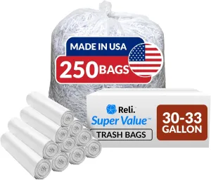 Reli. 30-33 Gallon Trash Bags Heavy Duty | 250 Count Bulk | Clear Large Trash Bags 30 , 32 Gallon | Made in USA