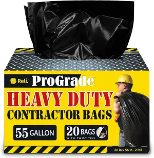 Reli. Contractor Garbage Bags 55 Gallon | 20 Trash Bags | Heavy Duty | Black Contractor