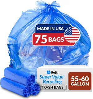 Reli. SuperValue 55-60 Gallon Recycling Bags | 75 Count | Blue Trash Bags | Made in the USA