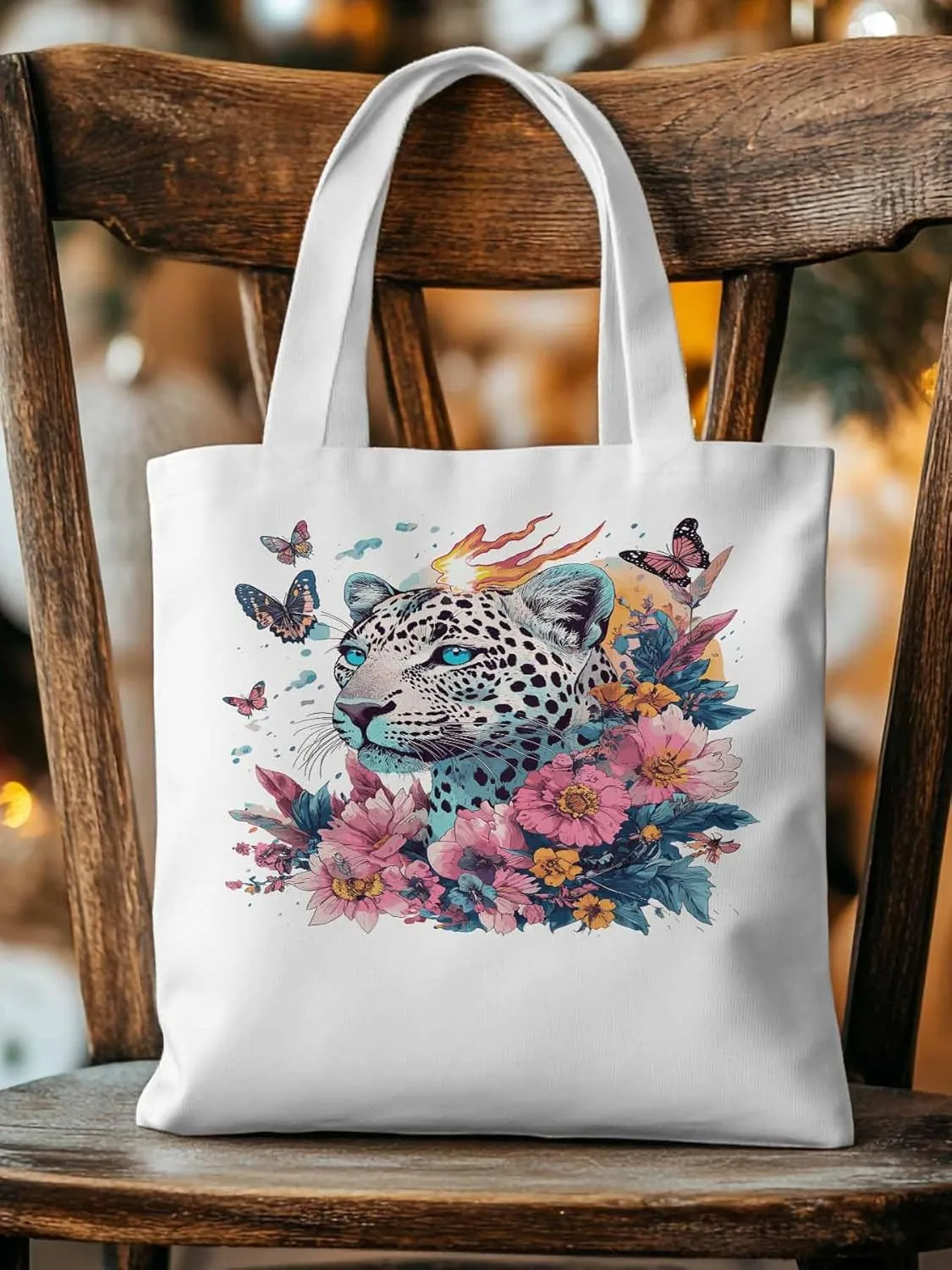 Retro Butterfly Flower Leopard Canvas Tote Bag, Aesthetic Canvas Tote Handbags for Women Shoulder Bag