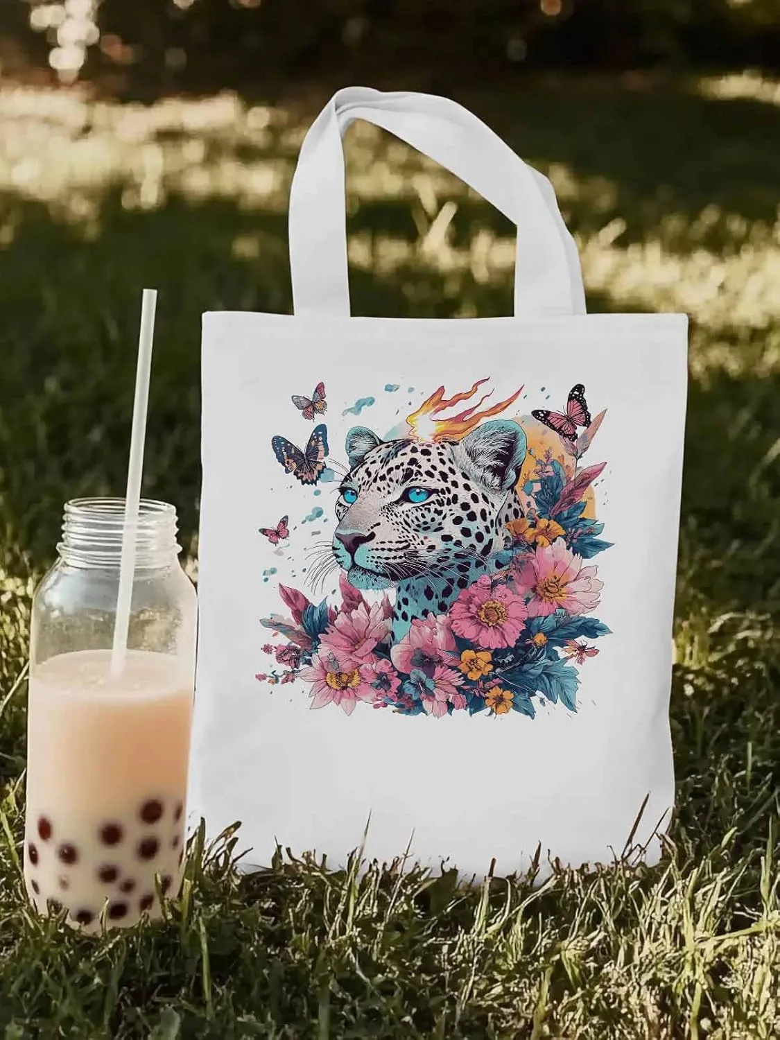 Retro Butterfly Flower Leopard Canvas Tote Bag, Aesthetic Canvas Tote Handbags for Women Shoulder Bag