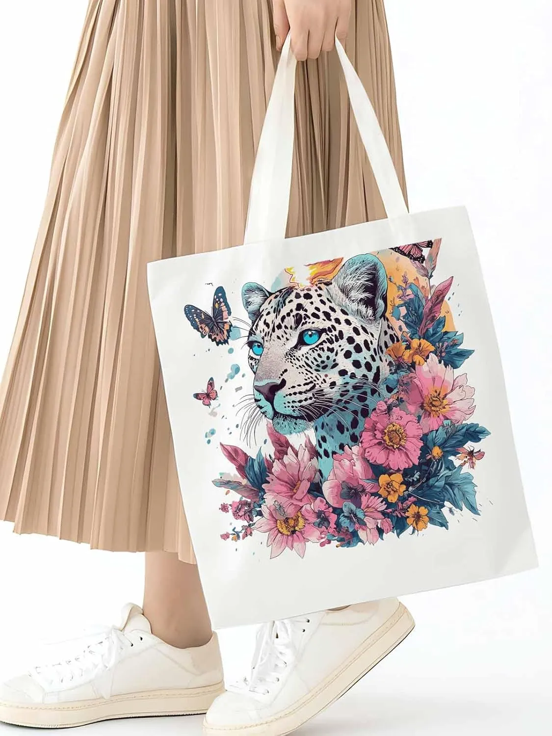 Retro Butterfly Flower Leopard Canvas Tote Bag, Aesthetic Canvas Tote Handbags for Women Shoulder Bag