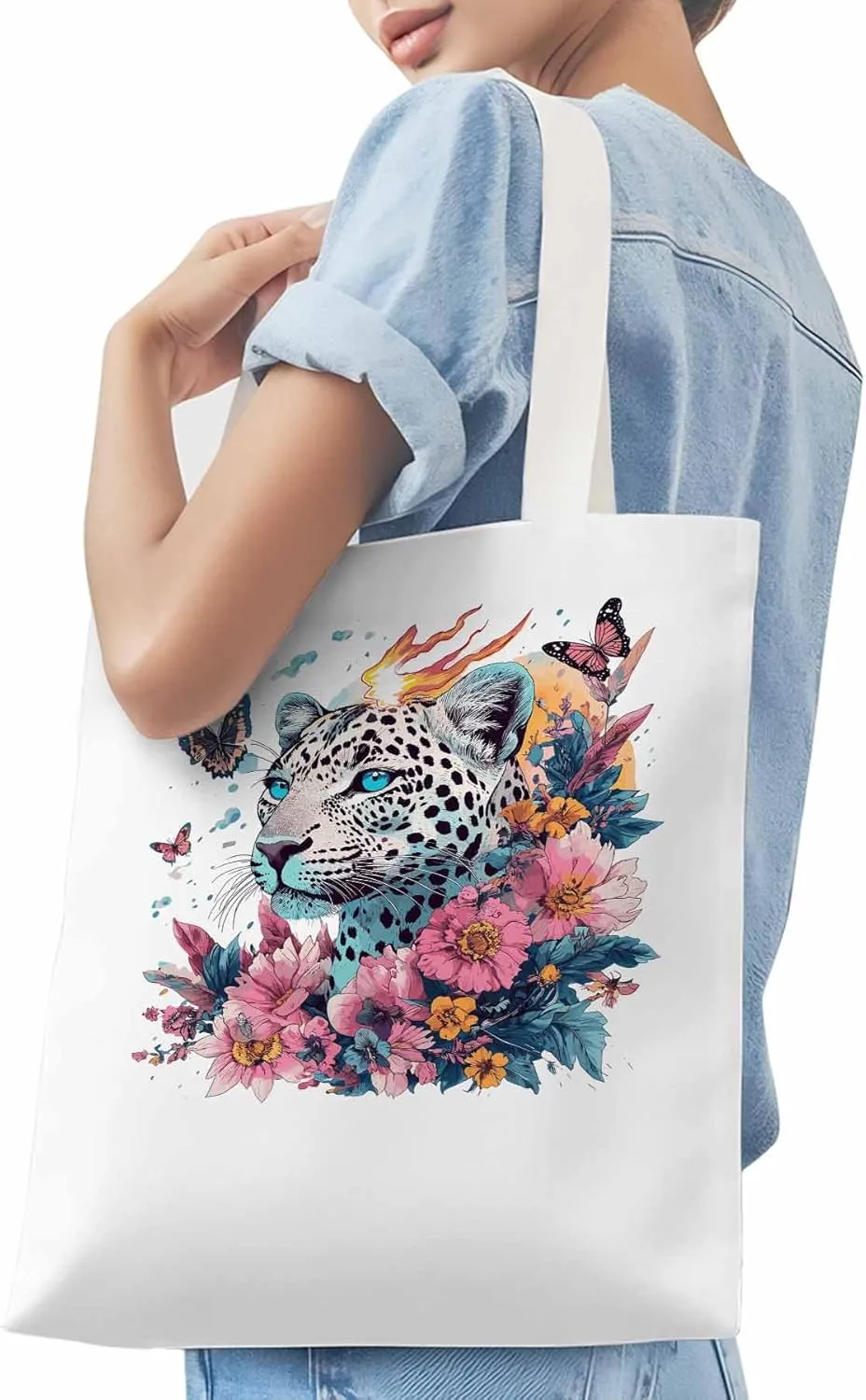 Retro Butterfly Flower Leopard Canvas Tote Bag, Aesthetic Canvas Tote Handbags for Women Shoulder Bag