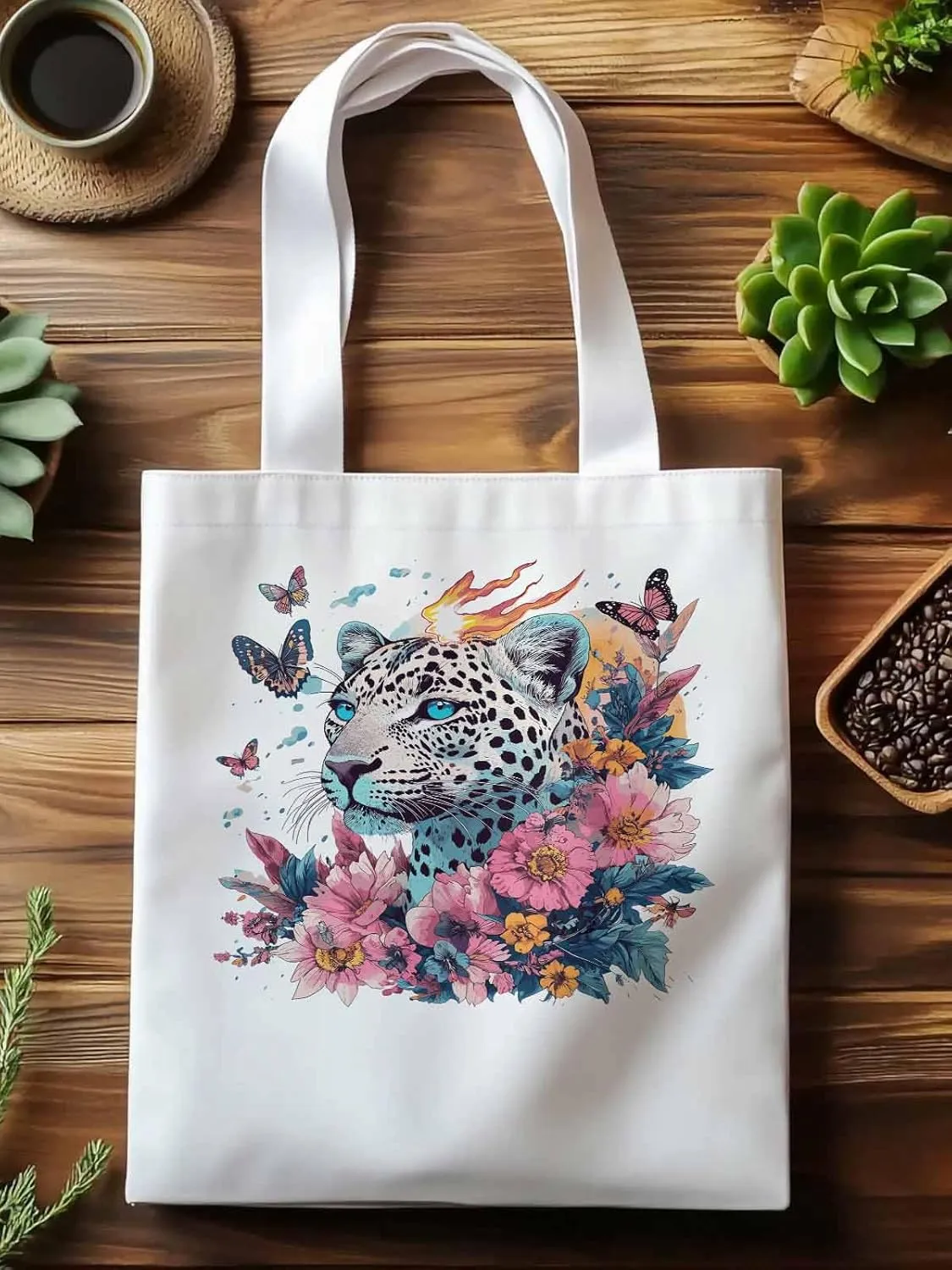 Retro Butterfly Flower Leopard Canvas Tote Bag, Aesthetic Canvas Tote Handbags for Women Shoulder Bag