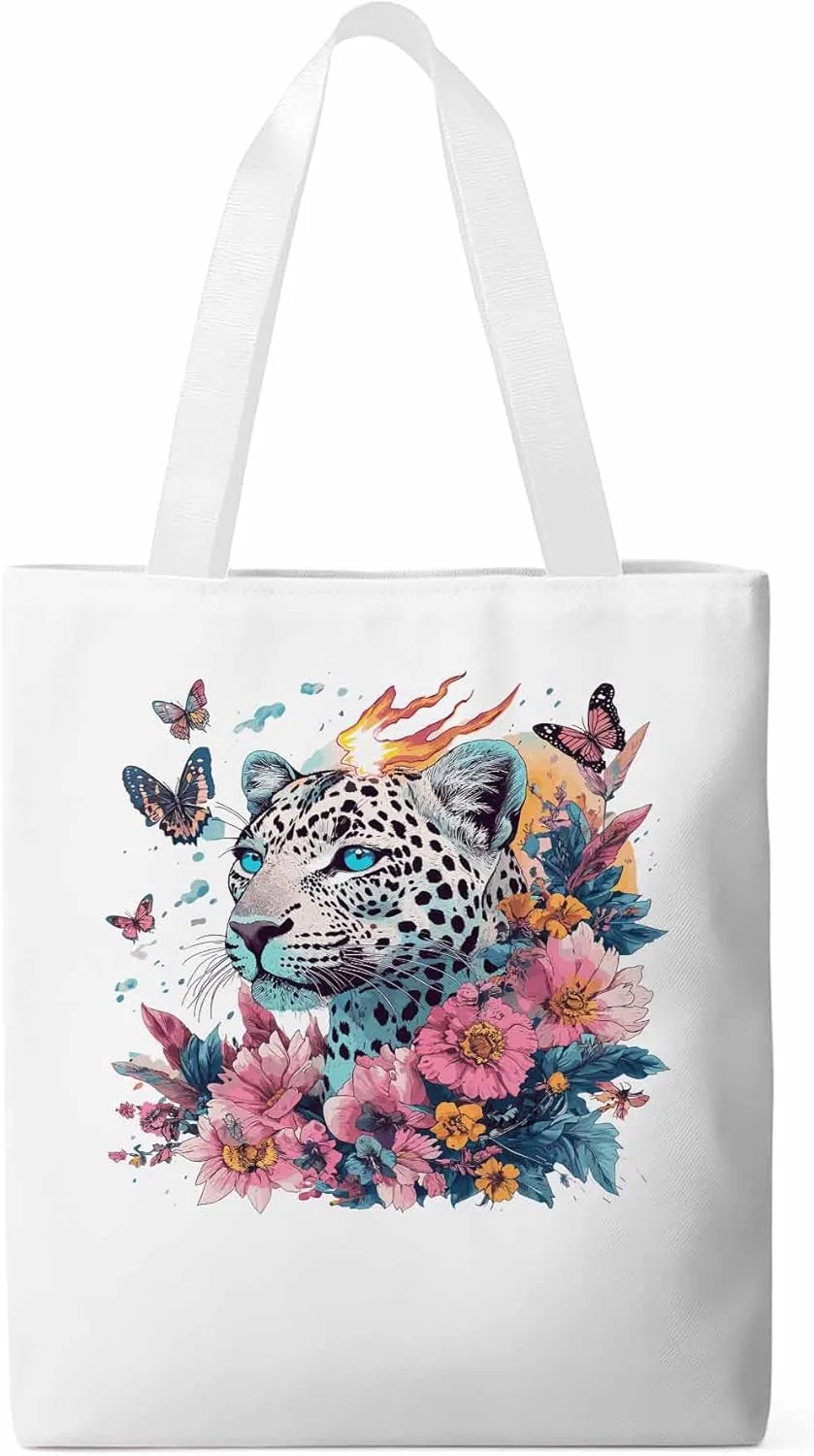 Retro Butterfly Flower Leopard Canvas Tote Bag, Aesthetic Canvas Tote Handbags for Women Shoulder Bag
