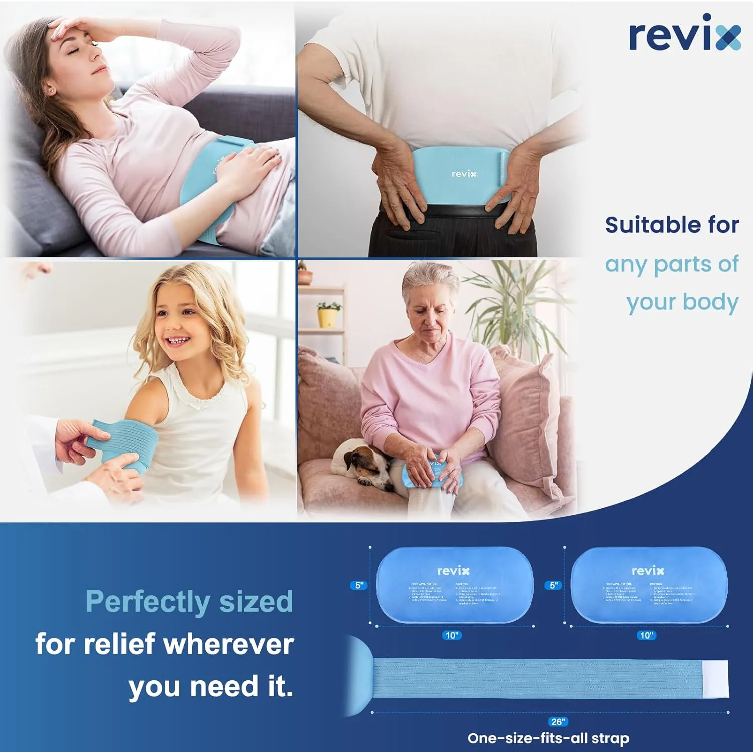 REVIX Ice Packs for Injuries Reusable, 2 Packs Hot and Cold Pack with Adjustable Strap, Flexible Ice Wraps for Joints and Muscle, Rotator Cuff, Back, Knee Discomfort Relief (10" x 5" Blue)