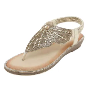 Rhinestone Flat Sandals for Women Casual Summer Crystal Butterfly Bohemian Sandals T-Strap Dressy Open Toe Shoes