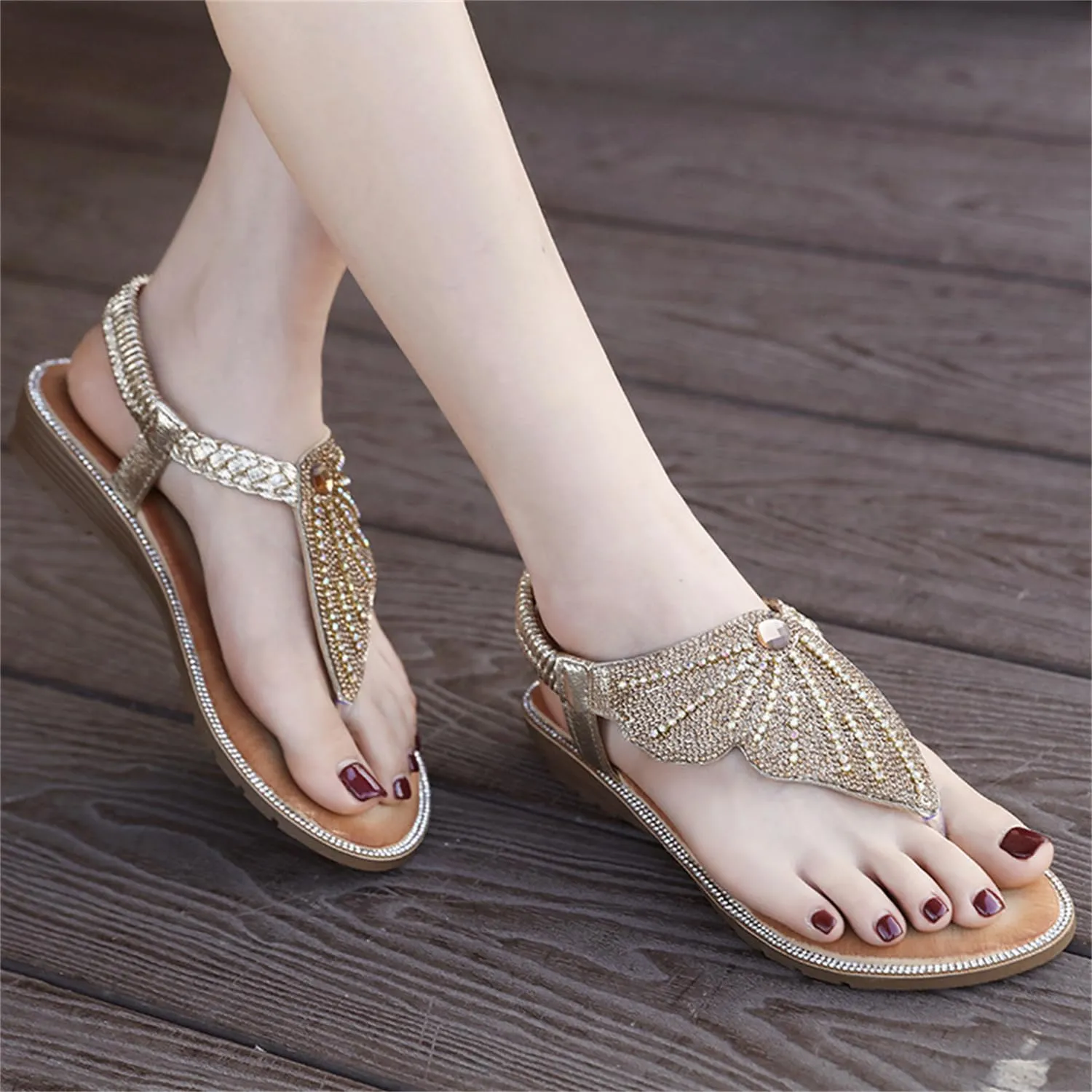 Rhinestone Flat Sandals for Women Casual Summer Crystal Butterfly Bohemian Sandals T-Strap Dressy Open Toe Shoes