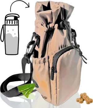 RibbyPup Waterproof Dog Walking Bag with Universal Water Bottle Holder, Built-In Poop Bag Dispenser, Unisex Cross-Body Treat Pouch - Taupe