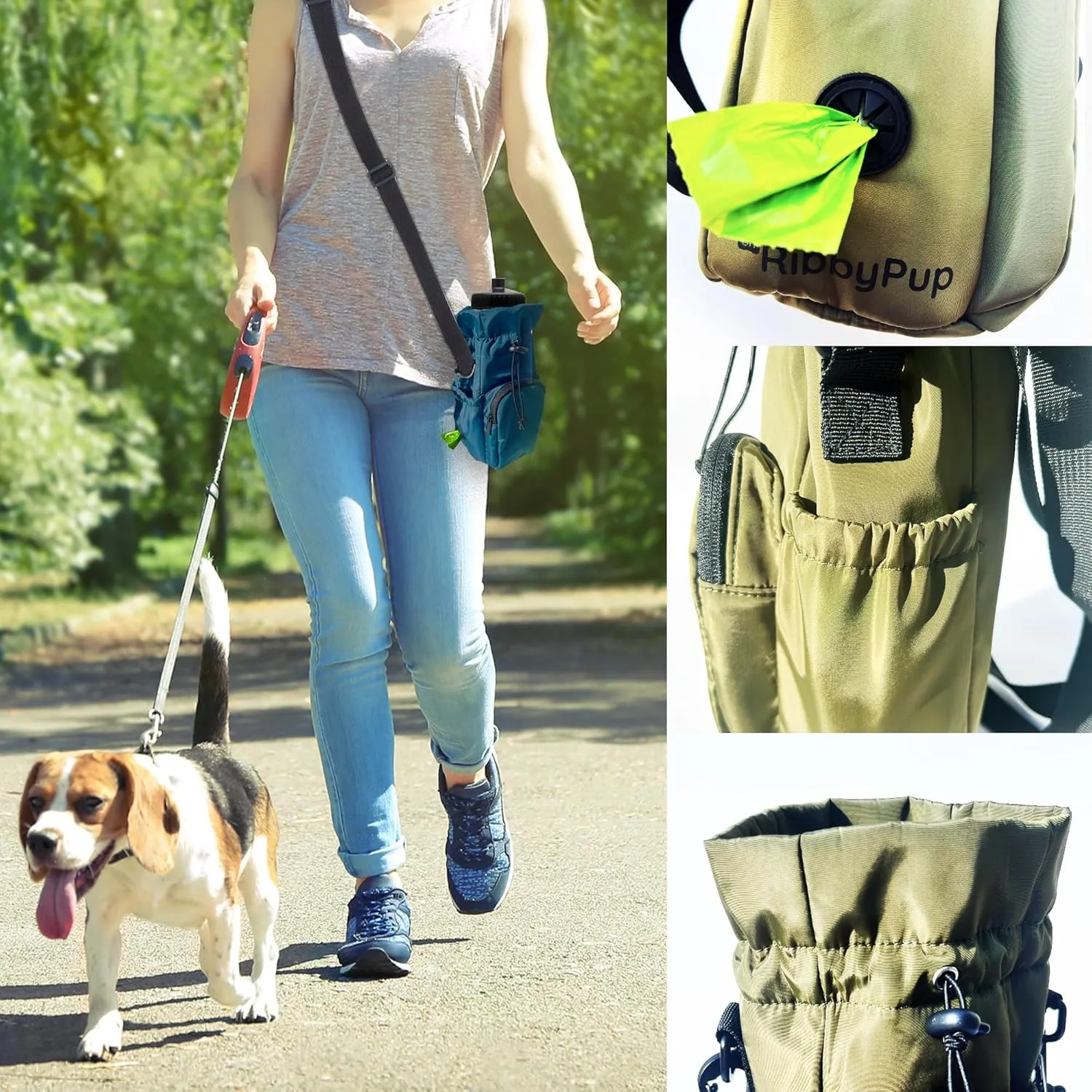RibbyPup Waterproof Dog Walking Bag with Universal Water Bottle Holder, Built-In Poop Bag Dispenser, Unisex Cross-Body Treat Pouch - Taupe