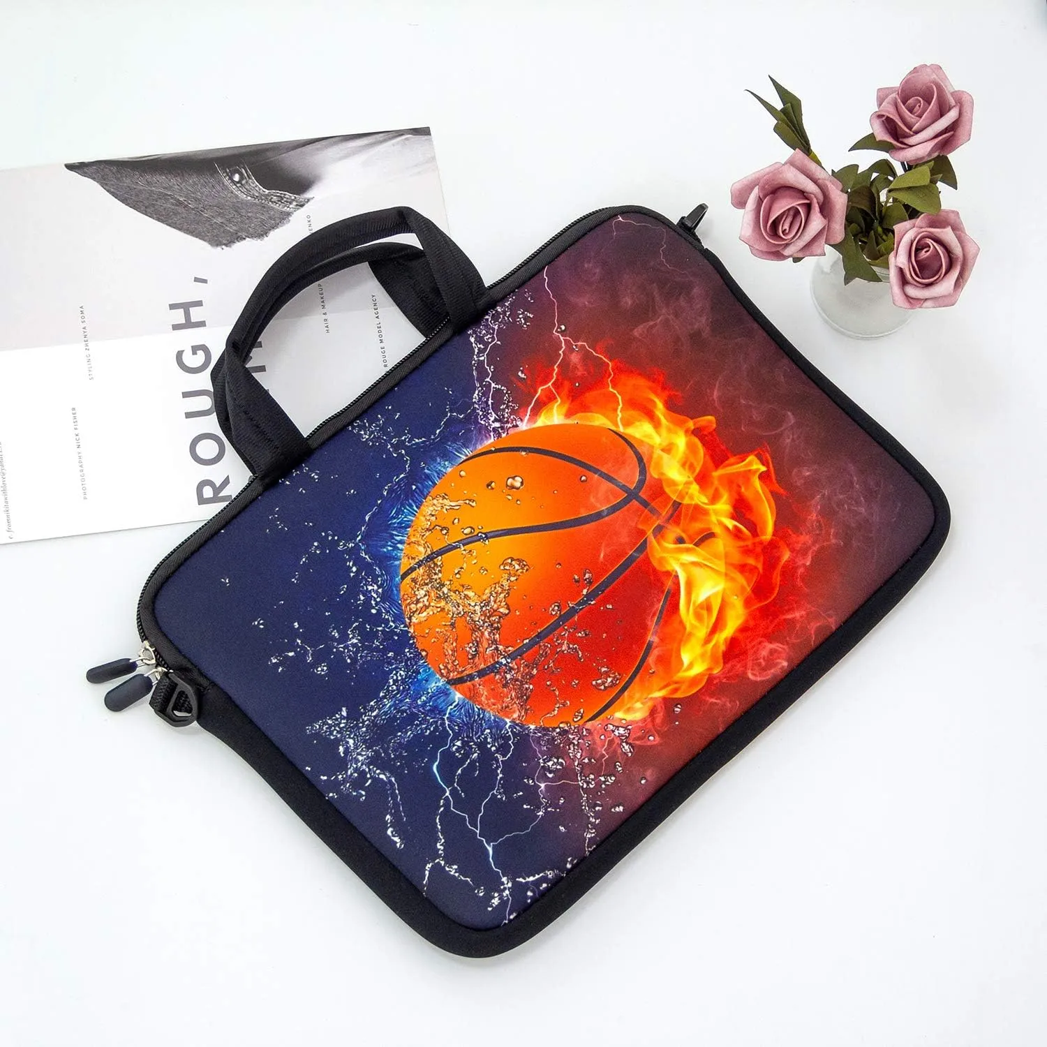 RICHEN 14 15 15.4 15.6 inch Laptop Shoulder Bag Notebook Handle Sleeve Neoprene Soft Carrying Travel Case with Accessories Pocket (14-15.6 inch, Basketball Fire)