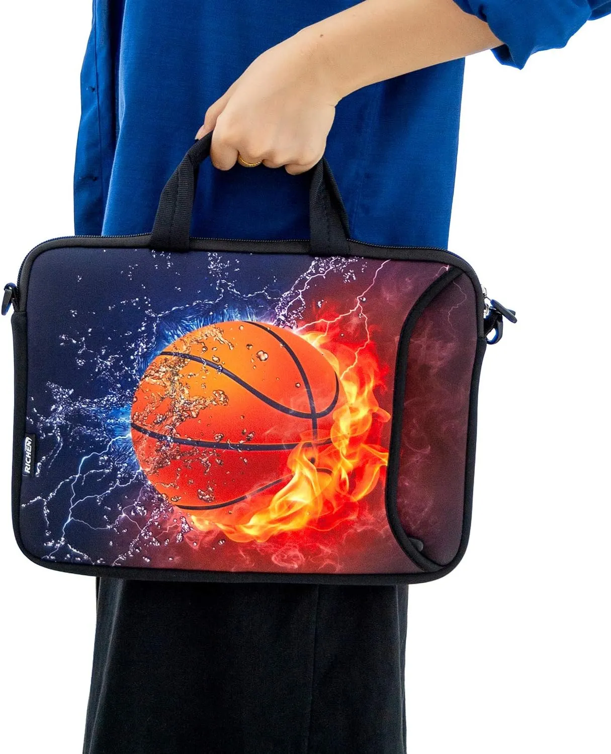 RICHEN 14 15 15.4 15.6 inch Laptop Shoulder Bag Notebook Handle Sleeve Neoprene Soft Carrying Travel Case with Accessories Pocket (14-15.6 inch, Basketball Fire)