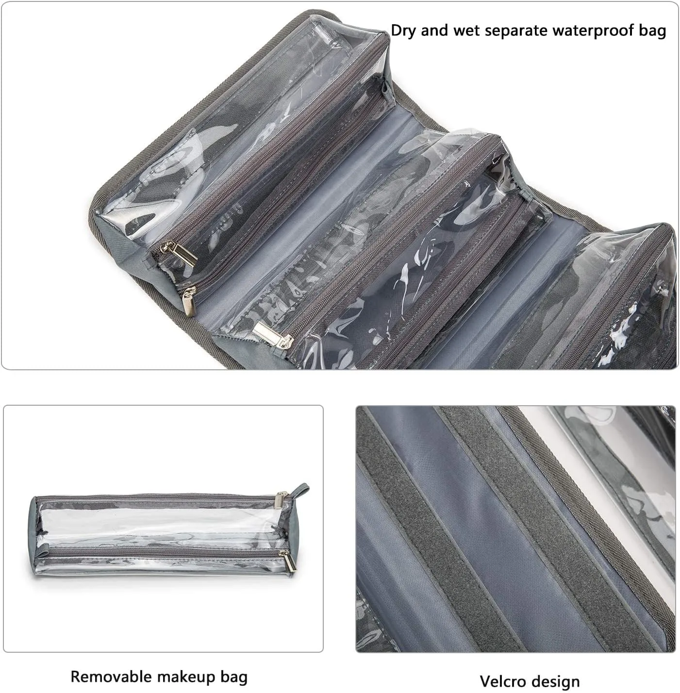 Roll Up Makeup Bag, Travel Toiletry Bag for Women with 4 Clear TSA Approved Pouches, Hanging Travel Organizer, Folding Cosmetic Bag for Men and Women