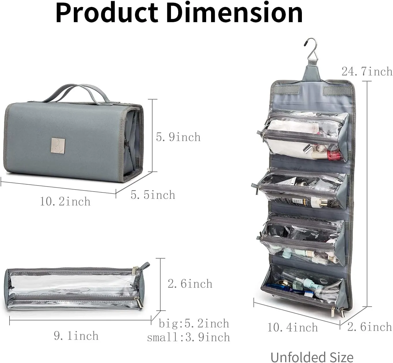 Roll Up Makeup Bag, Travel Toiletry Bag for Women with 4 Clear TSA Approved Pouches, Hanging Travel Organizer, Folding Cosmetic Bag for Men and Women