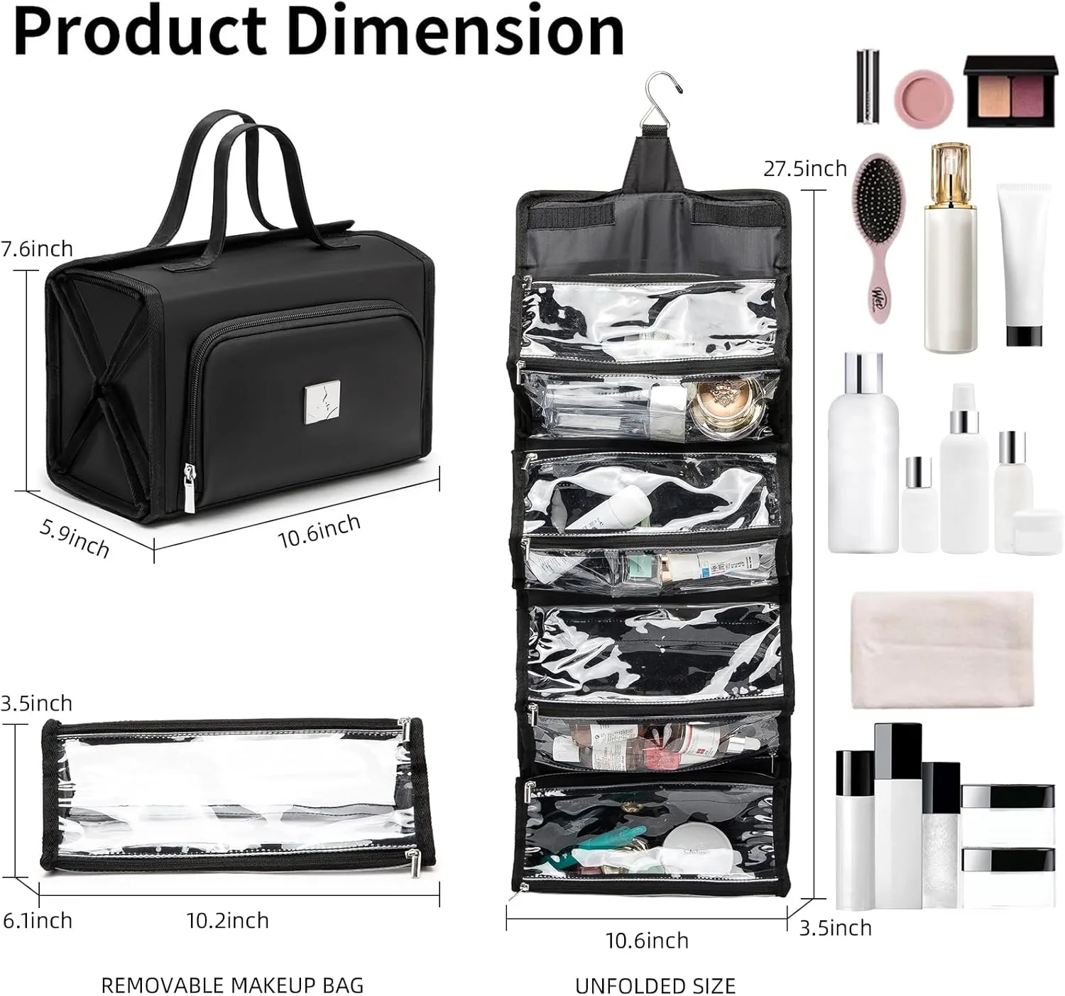 Roll Up Makeup Bag, Waterproof Toiletry Bag for Women, Hanging Travel Organizer bags with Jewelry Organizer Compartment, Extra Large 4 Clear TSA Approved Pouches Cosmetic Makeup (black)