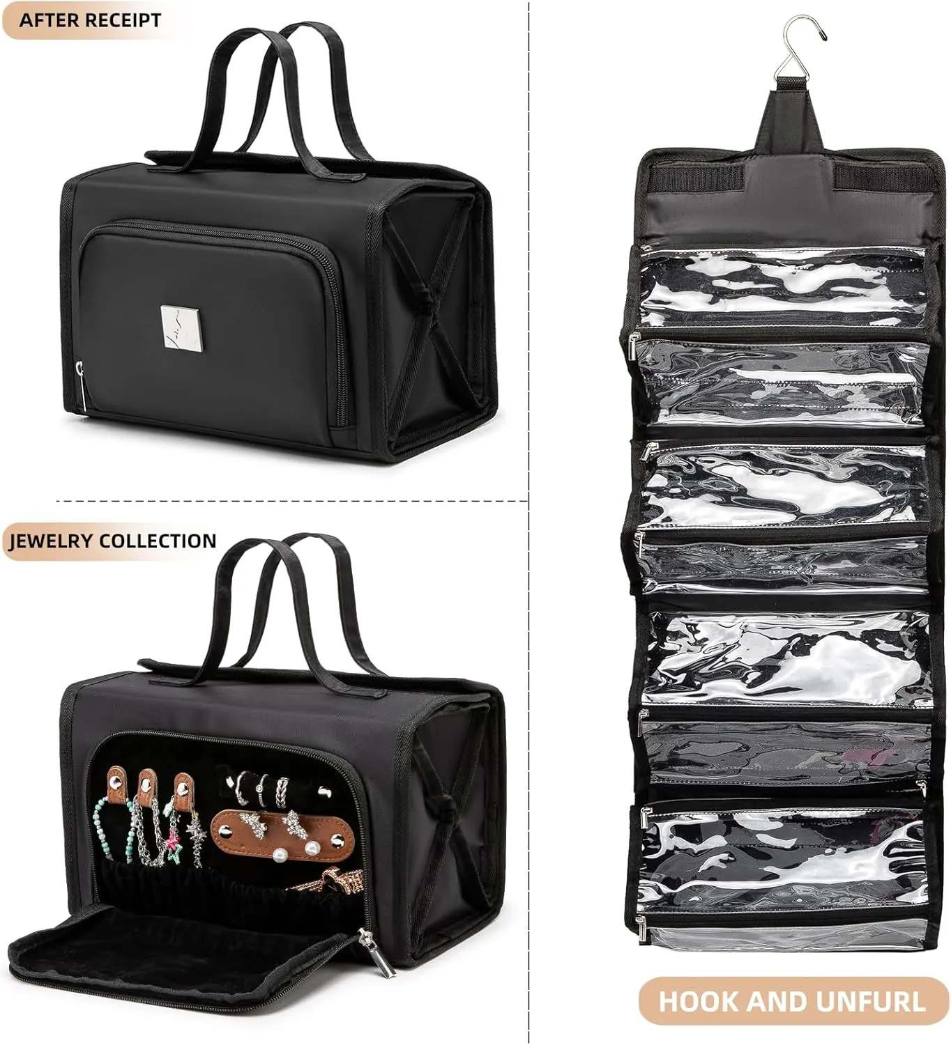 Roll Up Makeup Bag, Waterproof Toiletry Bag for Women, Hanging Travel Organizer bags with Jewelry Organizer Compartment, Extra Large 4 Clear TSA Approved Pouches Cosmetic Makeup (black)