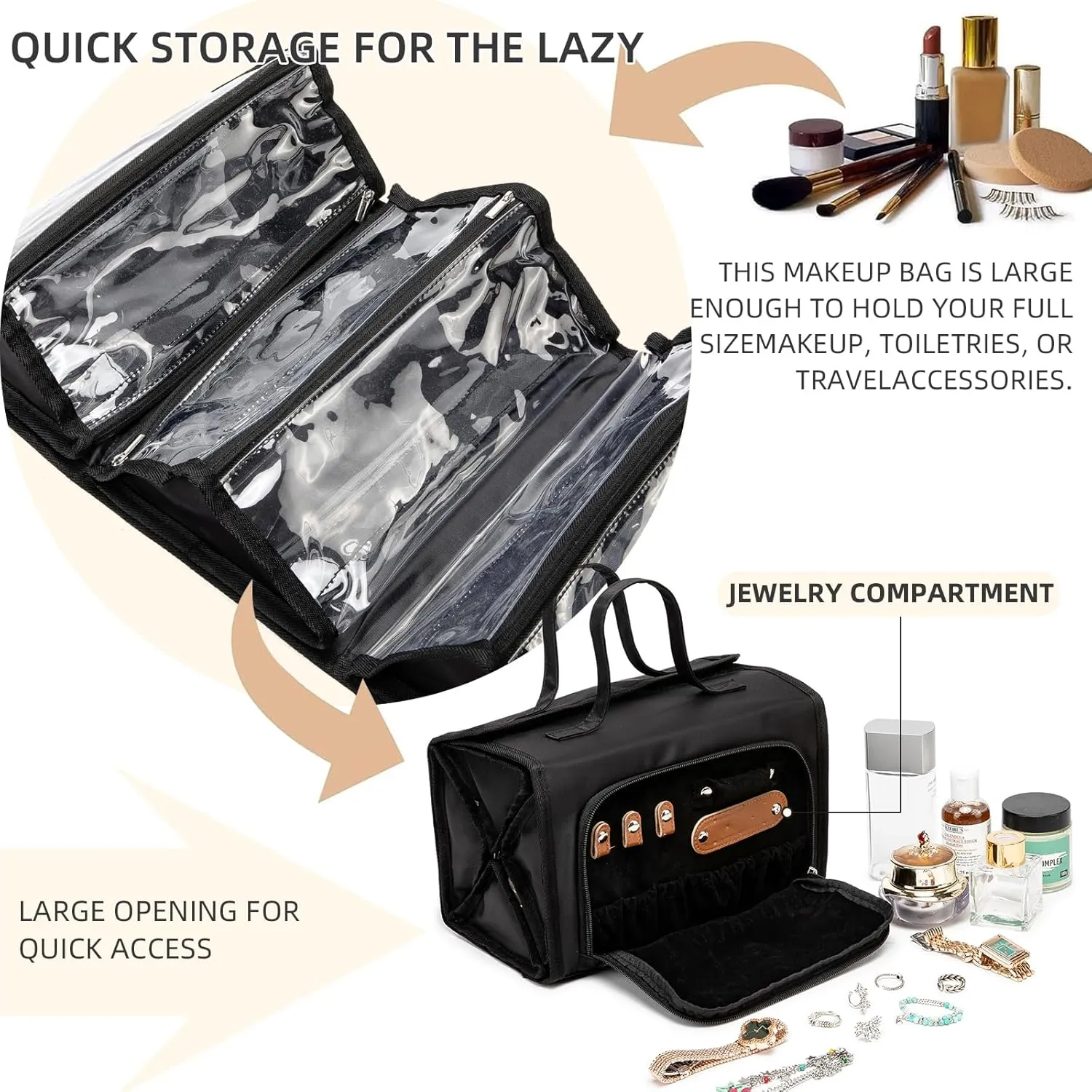 Roll Up Makeup Bag, Waterproof Toiletry Bag for Women, Hanging Travel Organizer bags with Jewelry Organizer Compartment, Extra Large 4 Clear TSA Approved Pouches Cosmetic Makeup (black)