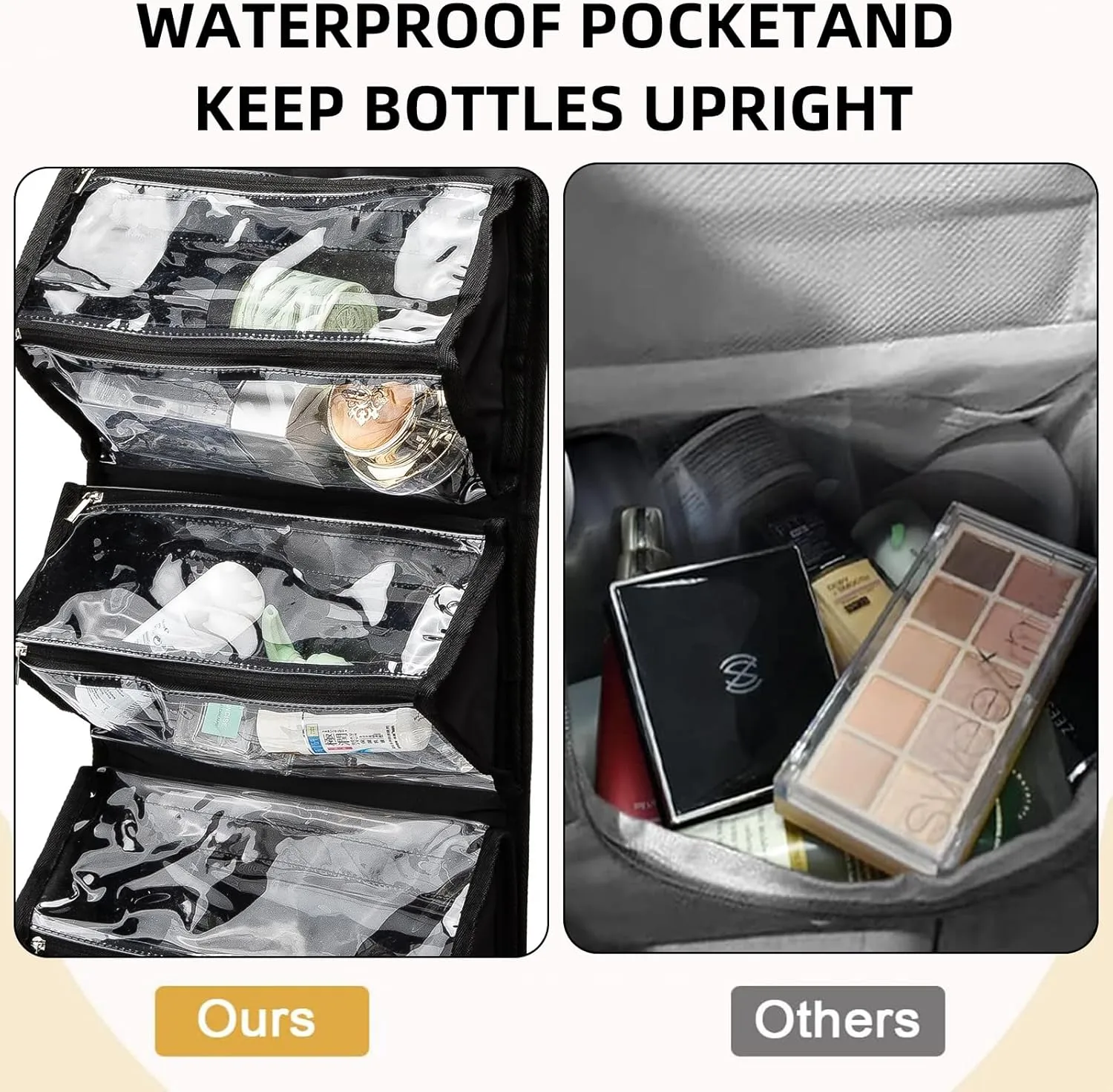 Roll Up Makeup Bag, Waterproof Toiletry Bag for Women, Hanging Travel Organizer bags with Jewelry Organizer Compartment, Extra Large 4 Clear TSA Approved Pouches Cosmetic Makeup (black)