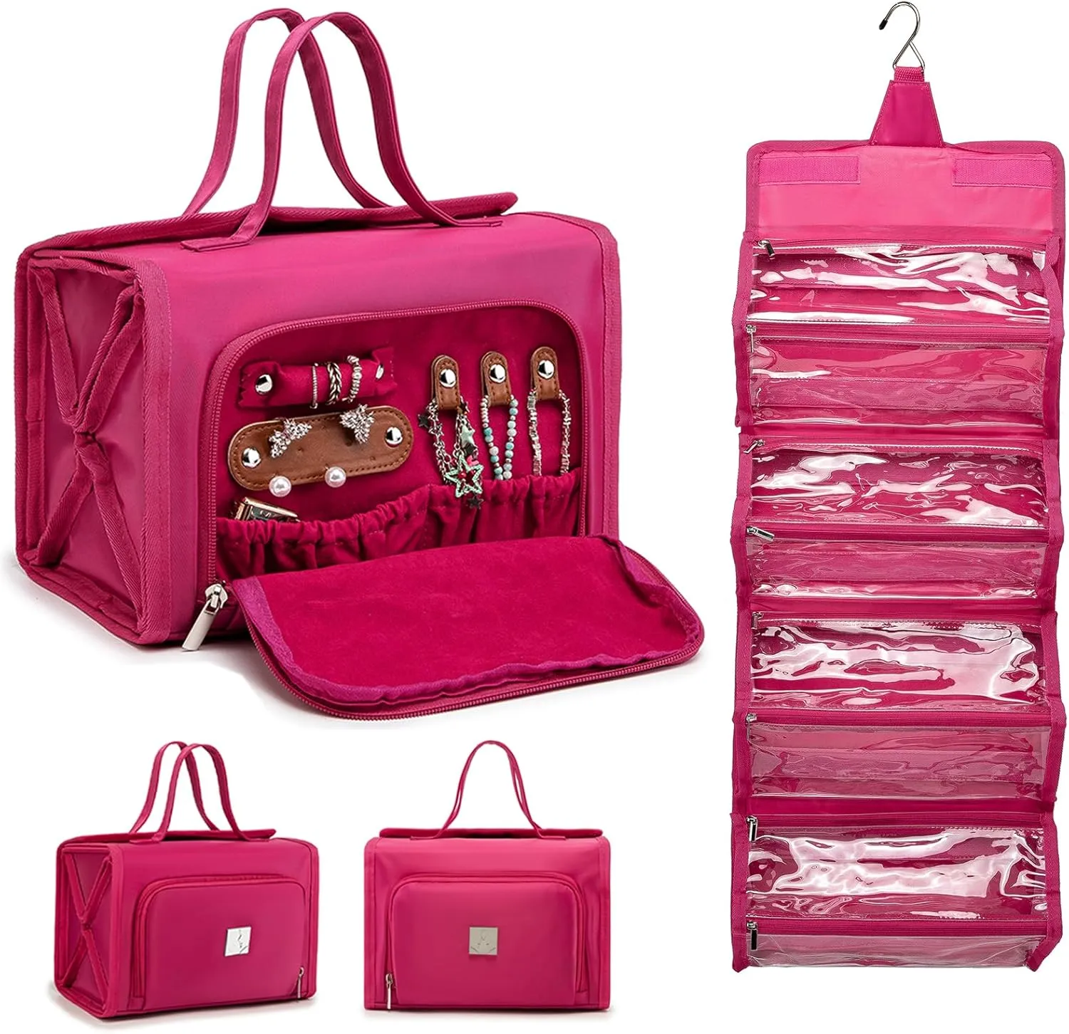 Roll Up Makeup Bag, Waterproof Toiletry Bag for Women, Hanging Travel Organizer bags with Jewelry Organizer Compartment, Extra Large 4 Clear TSA Approved Pouches Cosmetic Makeup (pink)