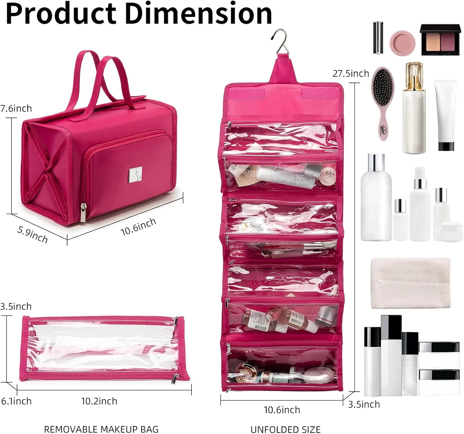 Roll Up Makeup Bag, Waterproof Toiletry Bag for Women, Hanging Travel Organizer bags with Jewelry Organizer Compartment, Extra Large 4 Clear TSA Approved Pouches Cosmetic Makeup (pink)
