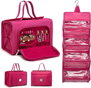 Roll Up Makeup Bag, Waterproof Toiletry Bag for Women, Hanging Travel Organizer bags with Jewelry Organizer Compartment, Extra Large 4 Clear TSA Approved Pouches Cosmetic Makeup (pink)