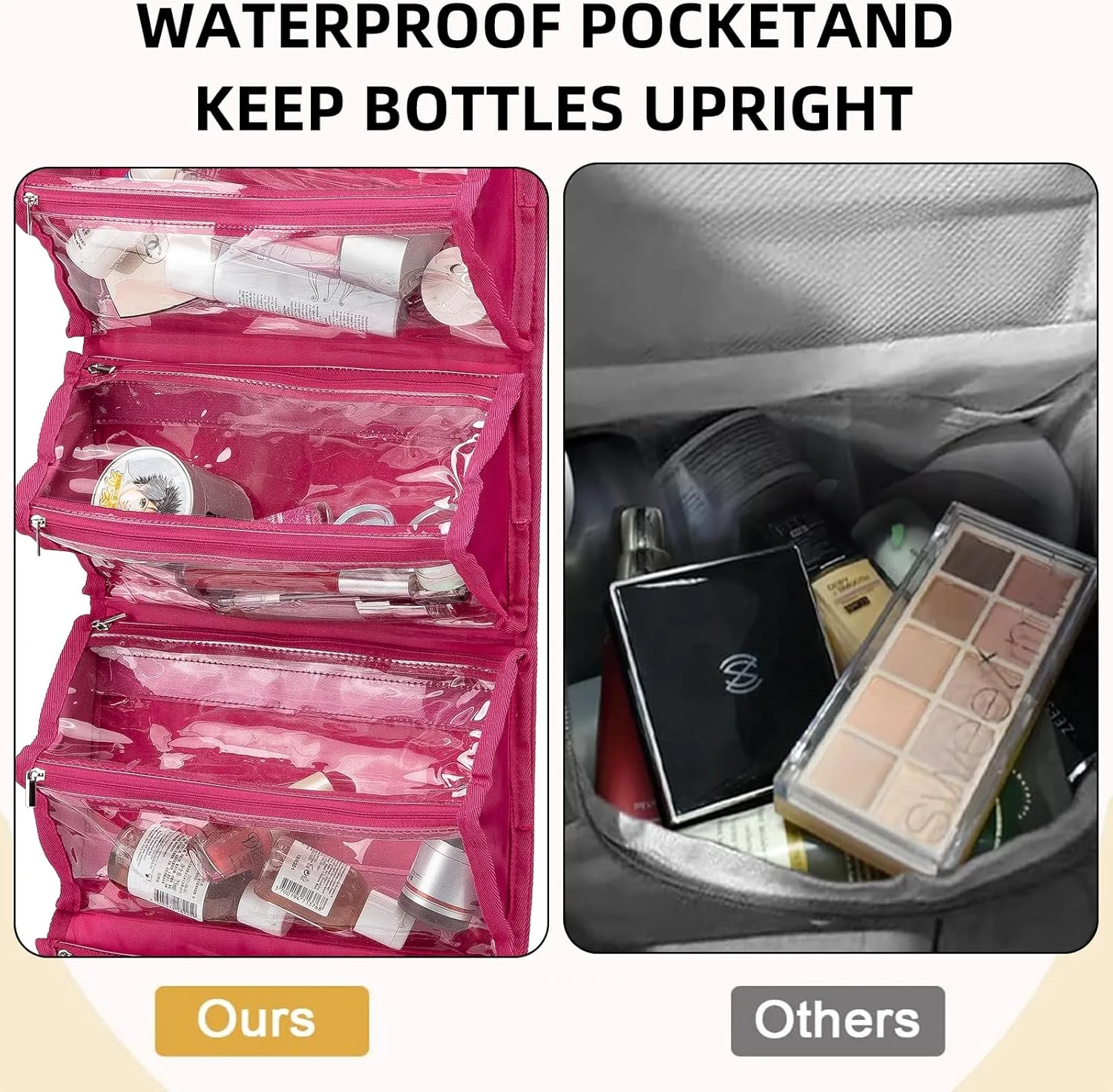 Roll Up Makeup Bag, Waterproof Toiletry Bag for Women, Hanging Travel Organizer bags with Jewelry Organizer Compartment, Extra Large 4 Clear TSA Approved Pouches Cosmetic Makeup (pink)
