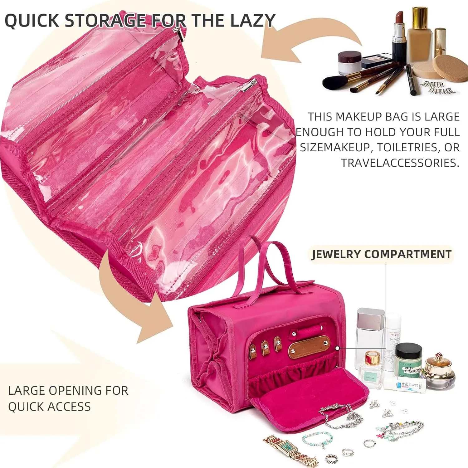 Roll Up Makeup Bag, Waterproof Toiletry Bag for Women, Hanging Travel Organizer bags with Jewelry Organizer Compartment, Extra Large 4 Clear TSA Approved Pouches Cosmetic Makeup (pink)