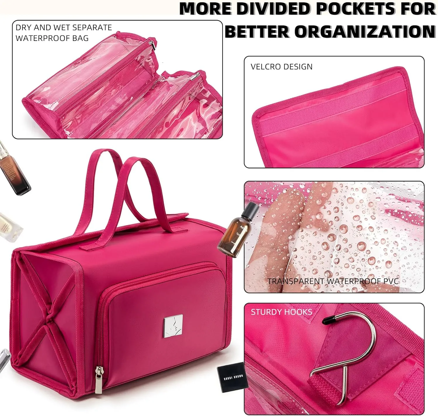 Roll Up Makeup Bag, Waterproof Toiletry Bag for Women, Hanging Travel Organizer bags with Jewelry Organizer Compartment, Extra Large 4 Clear TSA Approved Pouches Cosmetic Makeup (pink)
