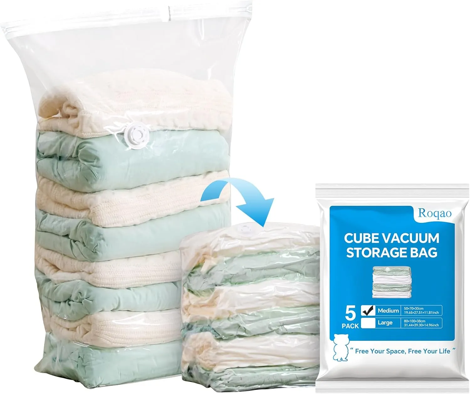 ‌Roqao Cube Vacuum Storage Bags, Vacuum Seal Bags for Clothing, Blankets, Bedding, Space Saver Vaccine Sealed Storage Bags, Airtight Packing Cubes for Travel, Seasonal Storage (5-Pack Medium)