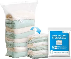 ‌Roqao Cube Vacuum Storage Bags, Vacuum Seal Bags for Clothing, Blankets, Bedding, Space Saver Vaccine Sealed Storage Bags, Airtight Packing Cubes for Travel, Seasonal Storage (5-Pack Medium)