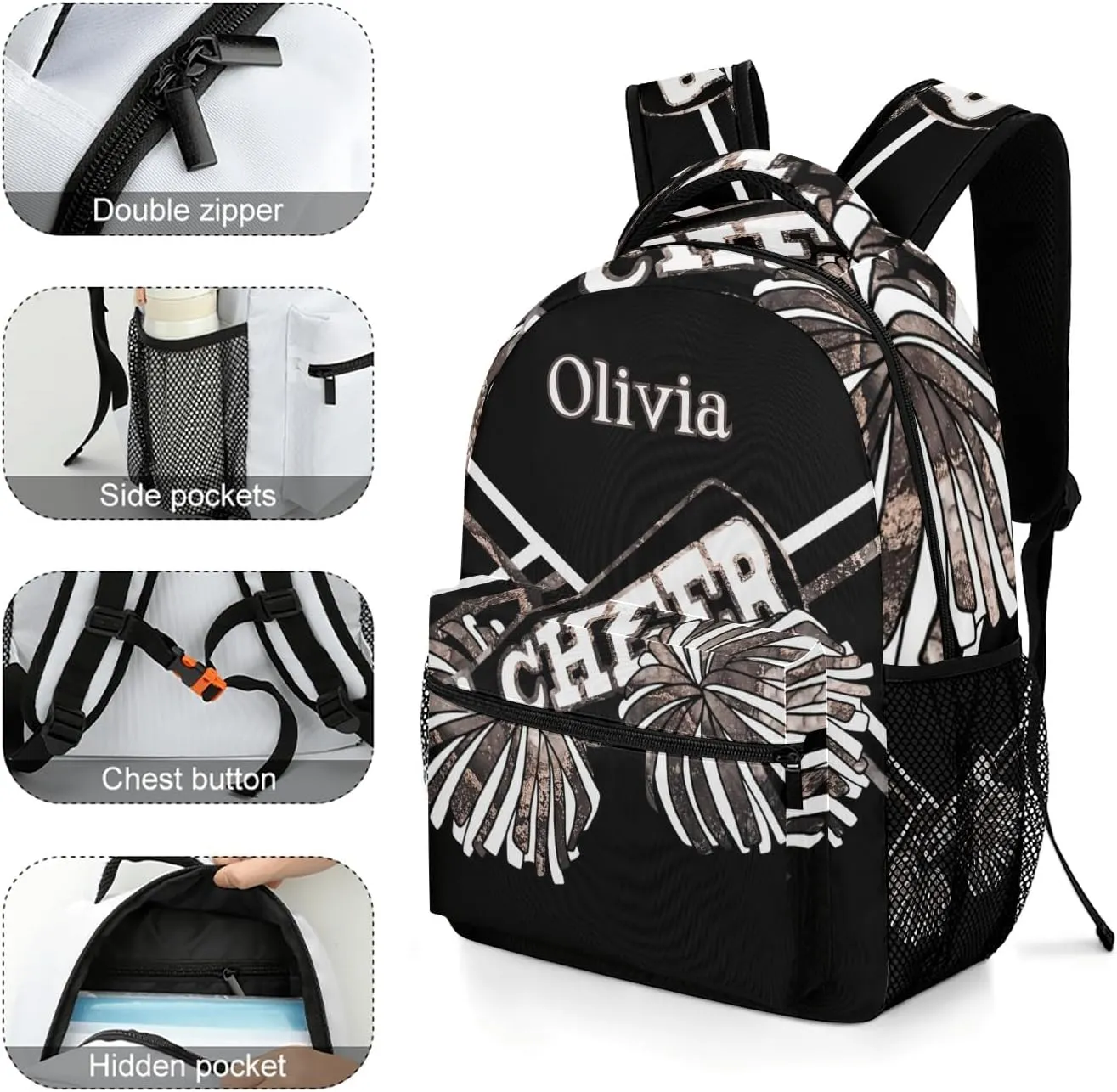 Rose Golden Cheer Custom Text Name Unisex Daily Bag Multi-Function Casual Sport Backpack