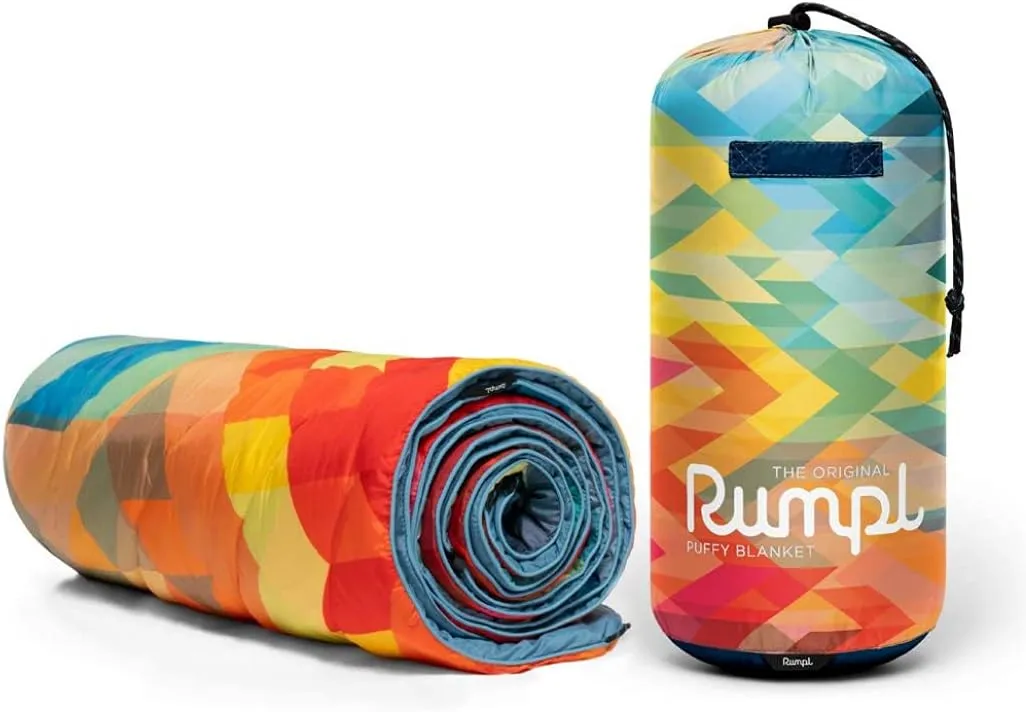 Rumpl Original Puffy Blanket - Warm Puffy Camping Blanket, 100% Recycled Polyester Insulation, Lightweight, Packable, Water-Resistant, Outdoor Puffer Blanket, 52"x75", V1, Geo Fresh