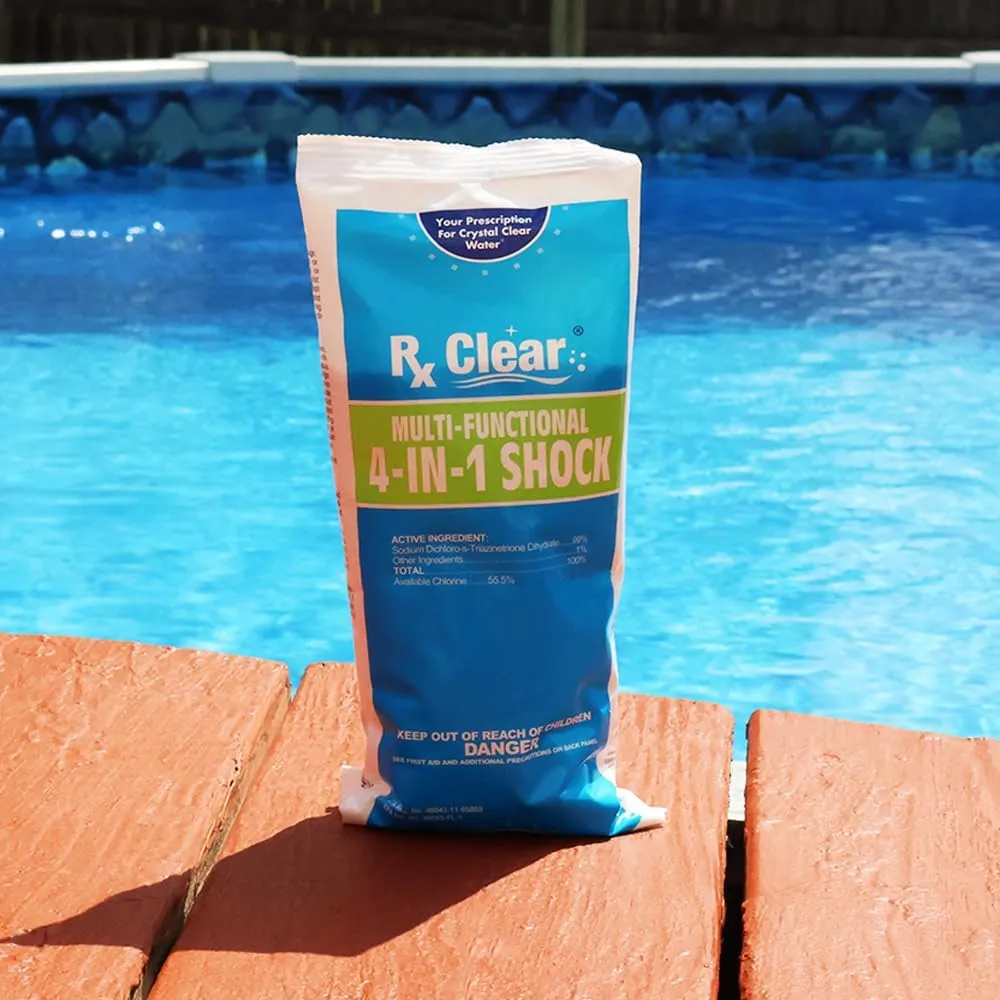 Rx Clear Multi-Functional 4-in-1 Swimming Pool Shock | 99% Sodium Dichloro-s-Triazinetrione Dihydrate | Kills Bacteria and Algae | One-Pound Bags | Single Pack