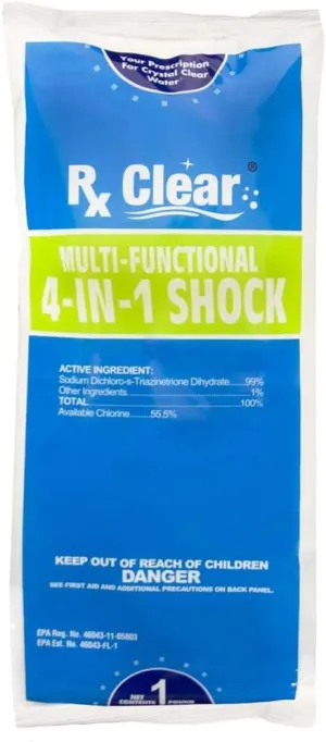 Rx Clear Multi-Functional 4-in-1 Swimming Pool Shock | 99% Sodium Dichloro-s-Triazinetrione Dihydrate | Kills Bacteria and Algae | One-Pound Bags | Single Pack