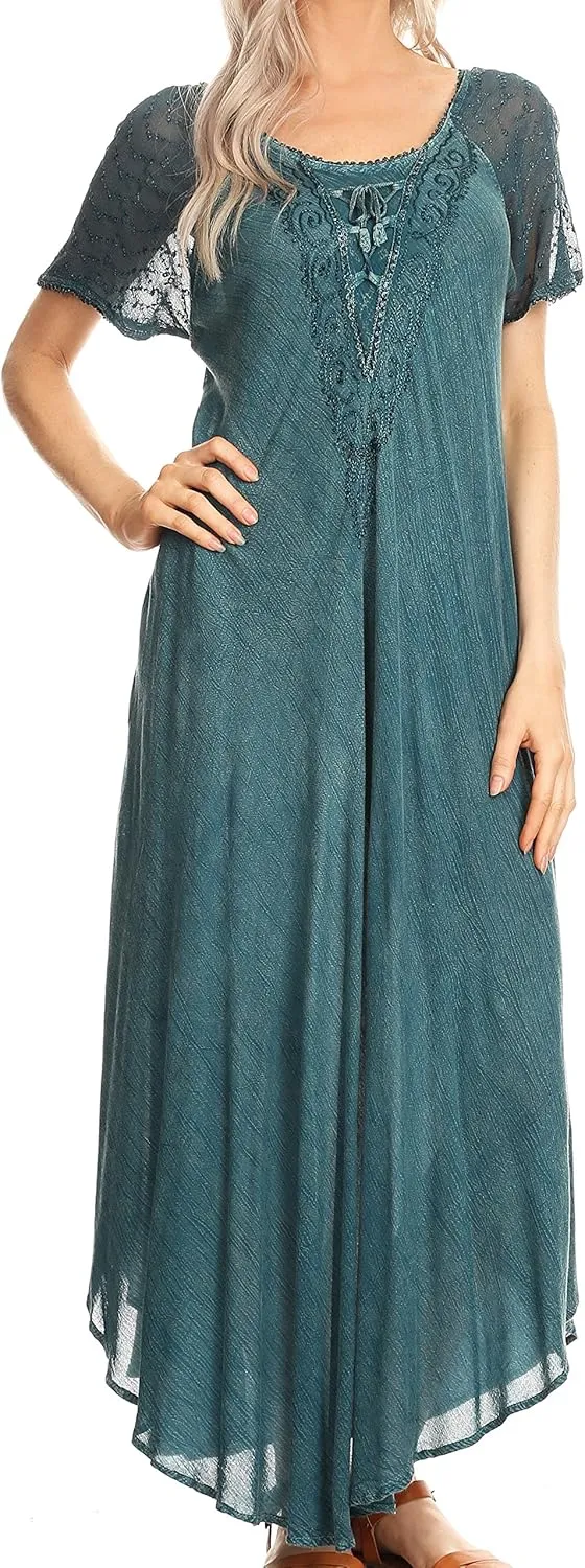 Sakkas Helena Embroidered Nightgown/Women Sleepwear with Eyelet Sleeves
