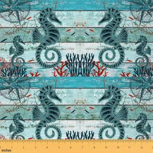 Seahorse Fabric by The Yard 1 Yard Kids Ocean Creature Themed Decorative Waterproof Outdoor Fabric Coral Sea Underwater World Upholstery Fabric for Chairs Wood Grain Blue White Fabric Room Decor