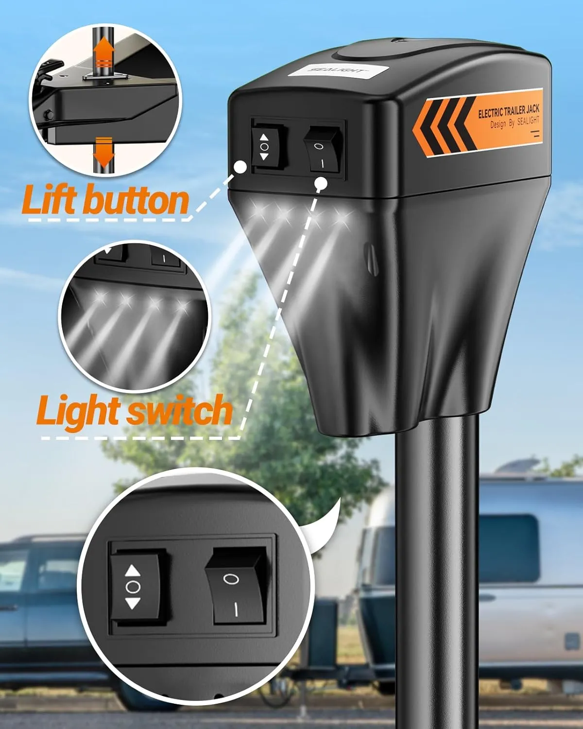 SEALIGHT 5000LB Electric Trailer Jack,Heavy Duty Electric Tongue Jack,12V DC and LED Light,9.84"-33.85" Lift, Power Tongue Jack Waterproof for A-Frame,Utility and RV Trailer