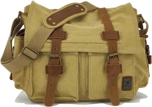 Sechunk Vintage Military Leather Canvas Laptop Bag Messenger Bags Medium