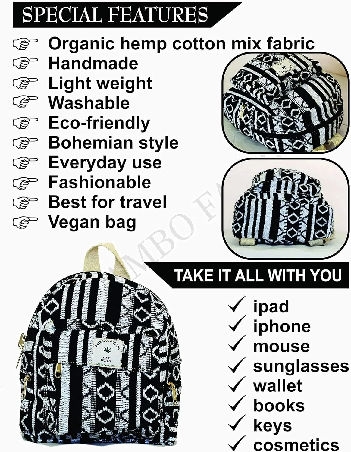 Set Of Mini Backpack Pen case Coin Purse Hemp University Light Weight Backpack For Girl Black and White Small Small Backack