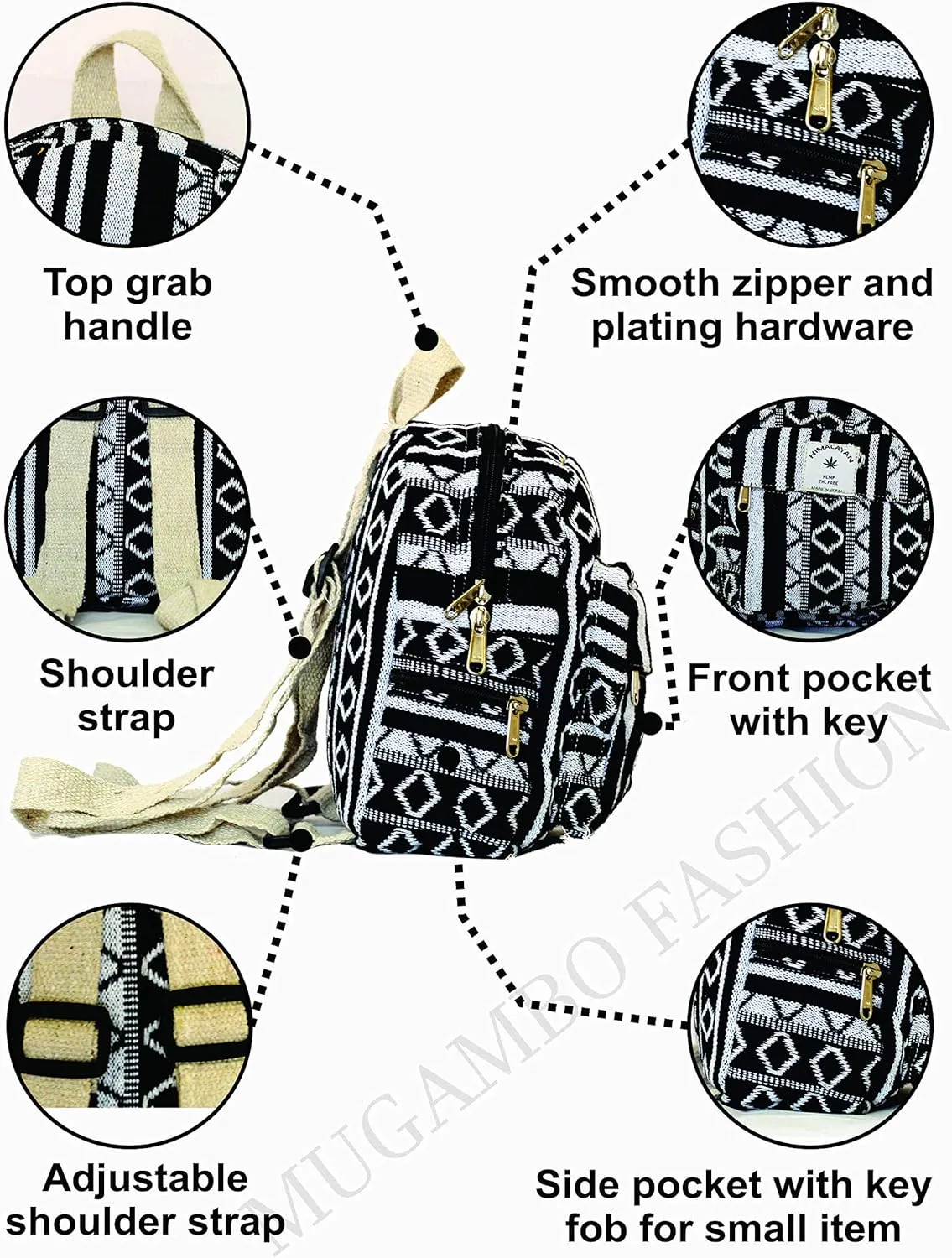 Set Of Mini Backpack Pen case Coin Purse Hemp University Light Weight Backpack For Girl Black and White Small Small Backack