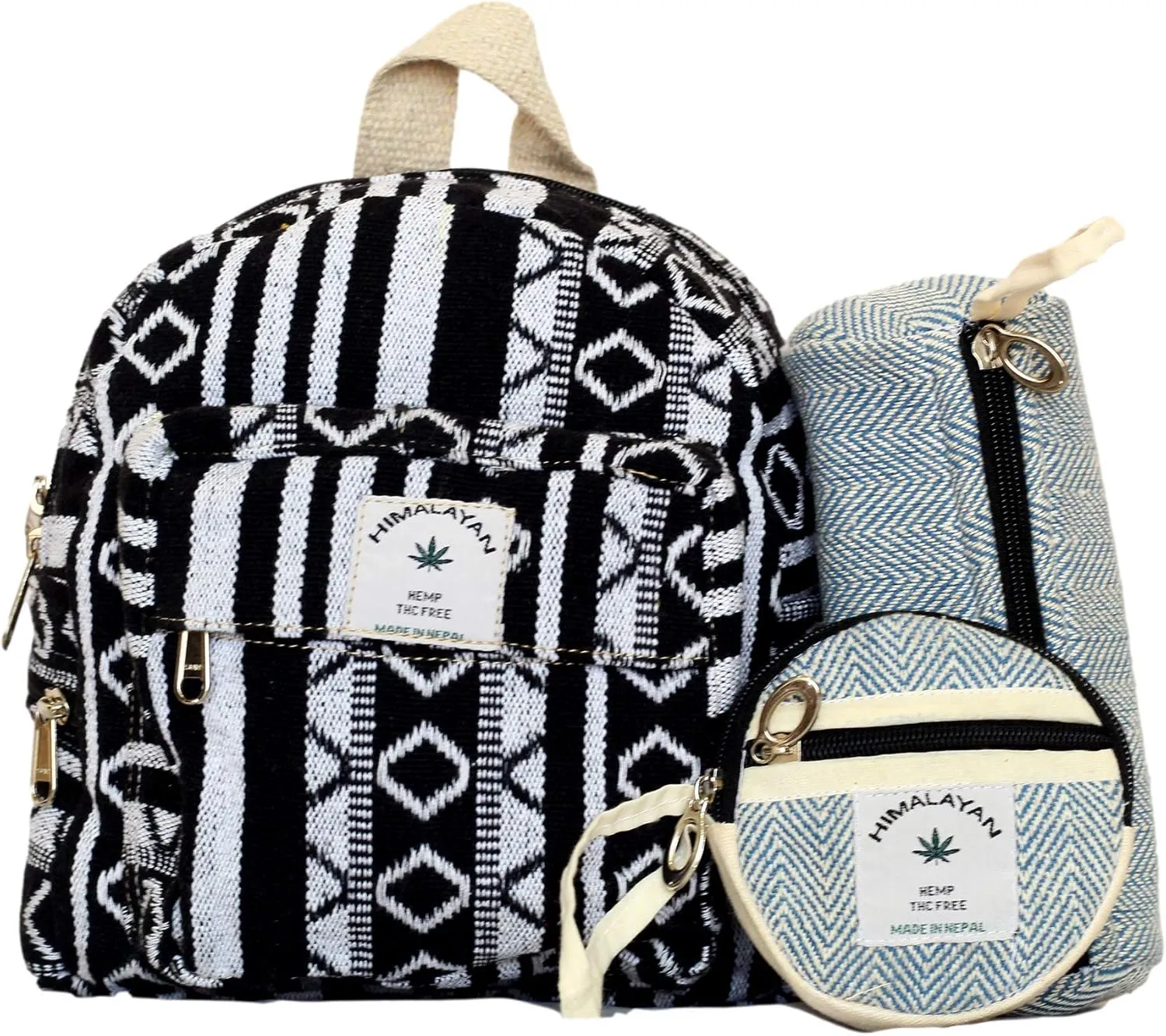 Set Of Mini Backpack Pen case Coin Purse Hemp University Light Weight Backpack For Girl Black and White Small Small Backack