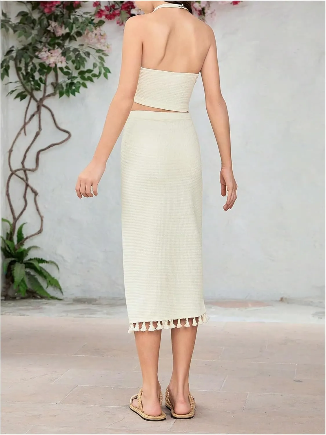 SHENHE Girl's 2 Piece Summer Clothes Tassel Halter Crop Top and Slit Midi Skirt Set Vacation Outfits