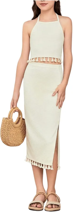 SHENHE Girl's 2 Piece Summer Clothes Tassel Halter Crop Top and Slit Midi Skirt Set Vacation Outfits