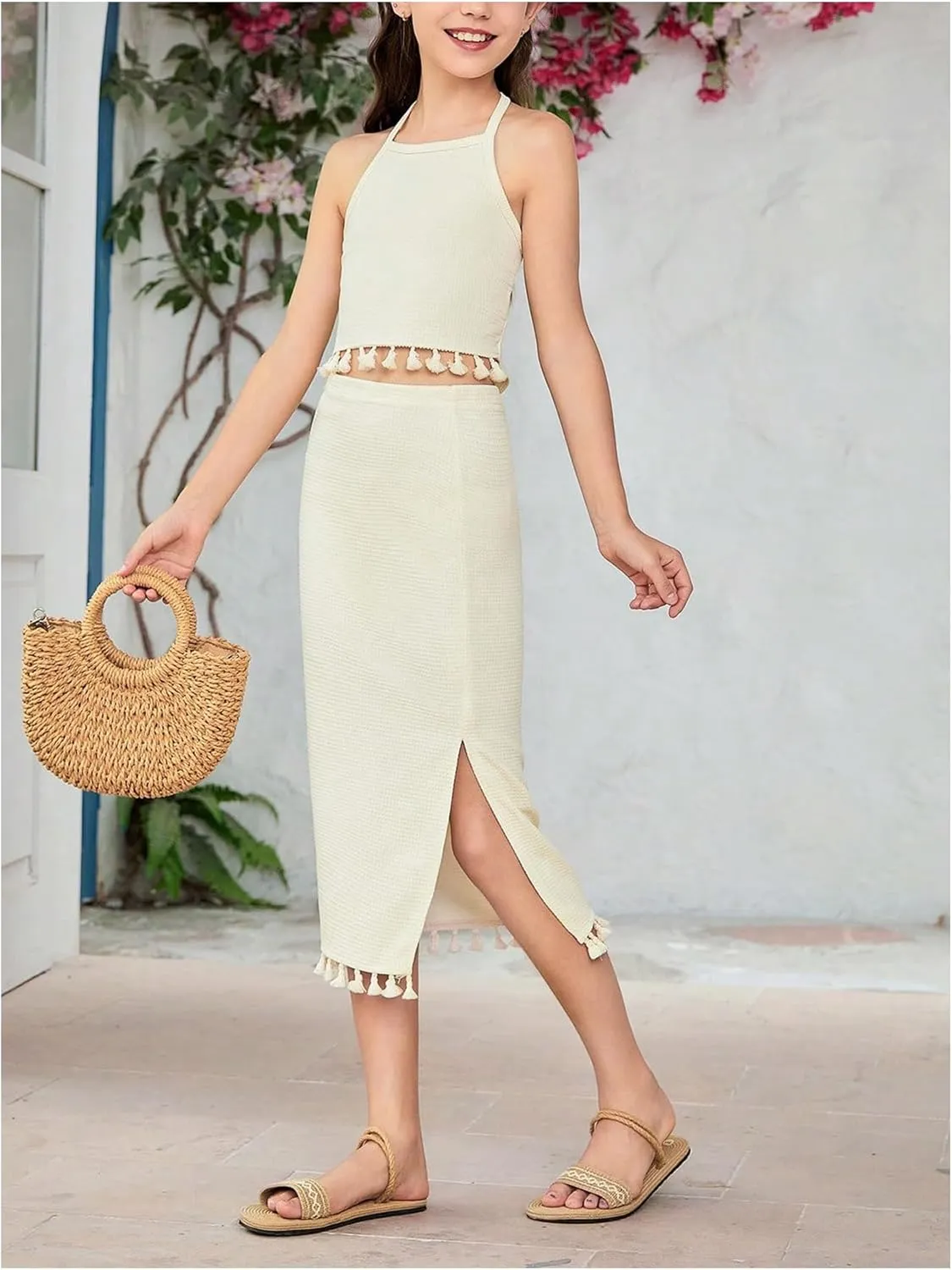 SHENHE Girl's 2 Piece Summer Clothes Tassel Halter Crop Top and Slit Midi Skirt Set Vacation Outfits
