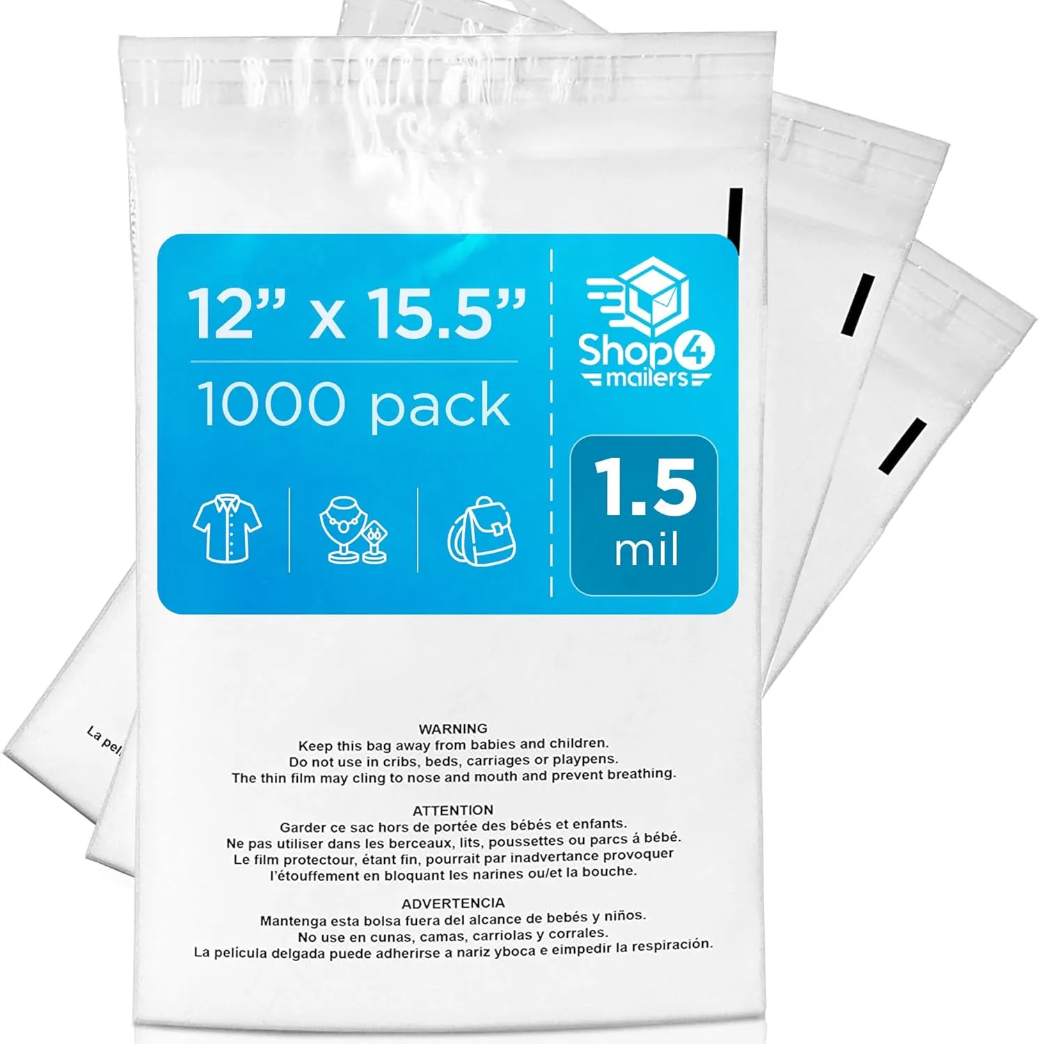 Shop4Mailers 12 x 15.5 Clear Poly Bags with Suffocation Warning Resealable Adhesive Self Seal For FBA Packaging, T-Shirt, Prints, Storage (1000 Pack)