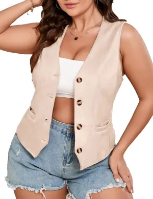 ShopWonder Womens Plus Size Button Vintage Vests Jacket V-Neck Faux Suede Cardigan Outerwear With Pockets